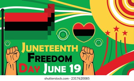 Juneteenth freedom day vector banner design with retro style geometric shapes and vibrant colors such as red, green and yellow, typography tittle and date, fist pump and flag. Juneteenth modern poster