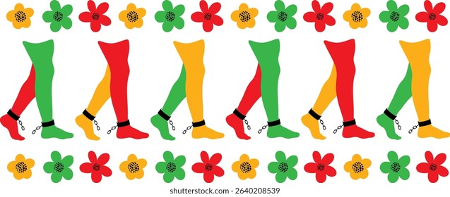 juneteenth freedom day vector elements set with walking feet in shackles and decorative flowers line design for banner, poster, greeting card, flyer