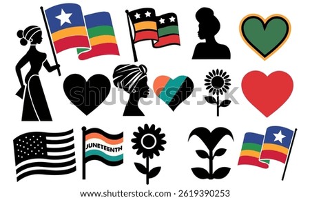  Juneteenth, Freedom Day vector icons for poster, card, banner, background. A collection of minimalistic, black silhouette icons featuring Juneteenth objects. 