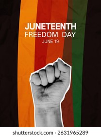 Juneteenth Freedom day, vertical banner template with Pan-African flag colors and halftone collage raised fist, symbol of the end of slavery in the United States, paper texture. Vector illustration 
