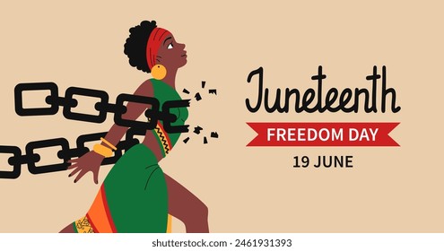 Web Banner des 19. Freiheitstages. In: African-American Independence Day Background. Frau in ethnischer Kleidung zerbricht Ketten. Festliche Musik Vorlage für Karte, Poster mit Schriftzug. Vektorgrafik flache Abbildung.