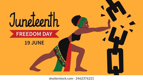 Juneteenth freedom day web banner. African-American Independence Day Background. Woman in ethnic clothes breaks chains. Holiday template for card, poster with lettering. Vector flat illustration.