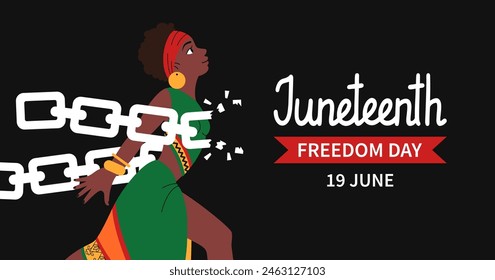 Juneteenth freedom day web banner. African-American Independence Day Background. Woman in ethnic clothes breaks chains. Holiday template for card, poster with lettering. Vector flat illustration.