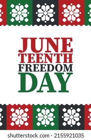 Juneteenth. Freedom and Emancipation day in June. Independence Day. Annual African-American holiday, celebrated in June 19. American history and heritage. Vector poster, illustration and banner