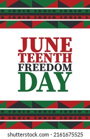 Juneteenth. Freedom and Emancipation day in June. Independence Day. Annual African-American holiday, celebrated in June 19. American history and heritage. Vector poster, illustration and banner