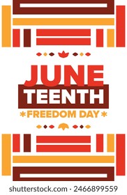 Juneteenth. Freedom and Emancipation day in June. Independence Day. Annual African-American holiday, celebrated in June 19. American history and heritage. Vector poster, illustration and banner