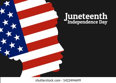 Juneteenth Freedom, Emancipation, Independence Day. June 19. African-American girl silhouette with national flag of United States of America. For poster, banner, card and background. Vector EPS10.