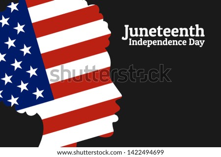 Juneteenth Freedom, Emancipation, Independence Day. June 19. African-American girl silhouette with national flag of United States of America. For poster, banner, card and background. Vector EPS10.