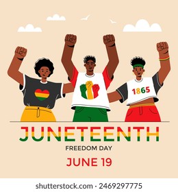 Juneteenth freedom from slavery day.Group of people African American with raised fist up.June 19, 1865.Social media post template.Vector stock illustration.