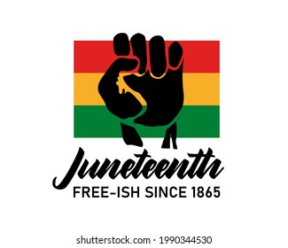 Juneteenth free-ish since June 19, 1865 quote with hand and flag isolated on white background. Vector flat illustration. Design for banner, poster, greeting card, flyer