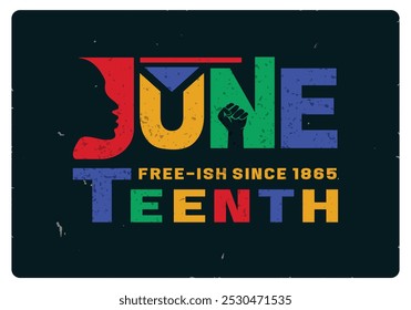 Juneteenth Free-ish Since June 19, 1865. Colorful lettering on a black background. Juneteenth concept. Flat vector illustration.