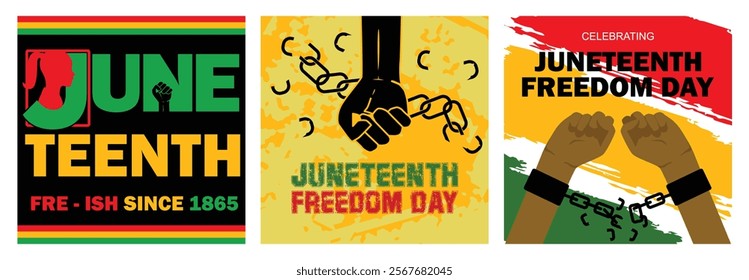 Juneteenth Free-ish since June 19, 1865. Broken hand and chain symbol. Celebrating the freedom of black people from slavery. Juneteenth month concept. Set flat vector illustration.