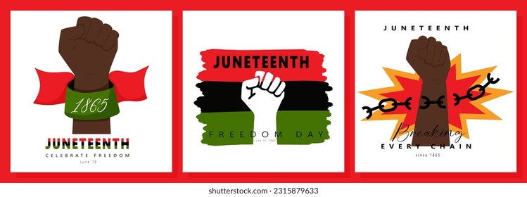 Juneteenth greeting cards with Clenched fist, raised black hand, breaking chains. A ribbon with the date 1865 and pan african flag. Symbol of National African American Freedom Day. Vector illustration