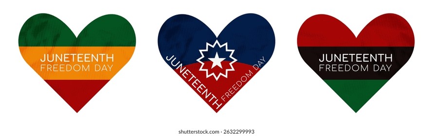 Juneteenth heart shaped flag stickers set with crumpled paper retro texture, for celebrating the end of slavery in the United States, social media clip art. Freedom day, June 19. Vector illustration