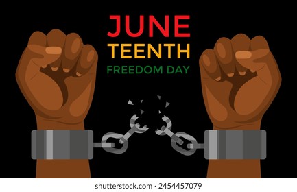 Juneteenth holiday is the day of freedom from slavery. The hands of an African American break chains and shackles. Red and yellow, black and green. Banner with text. Vector stock illustration.