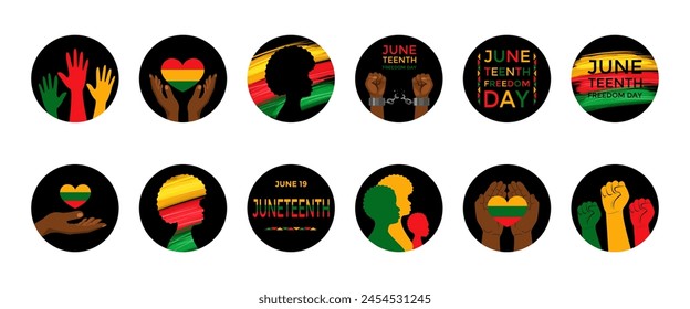 Juneteenth holiday is freedom day, liberation from slavery June 19. Set of round badge, sticker. Vector stock illustration.