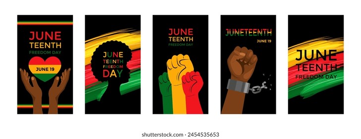 Juneteenth holiday is freedom day, liberation from slavery June 19. Set of vertical banner for social media network, stories. Vector stock illustration.