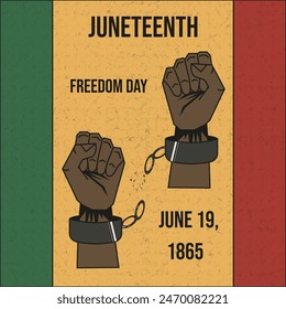 Juneteenth holiday Poster cover design. Freedom Day concept with hand and broken shackles. Retro Noise texture vector can used web and social media poster, banner, flyer print. Editable stroke. 
