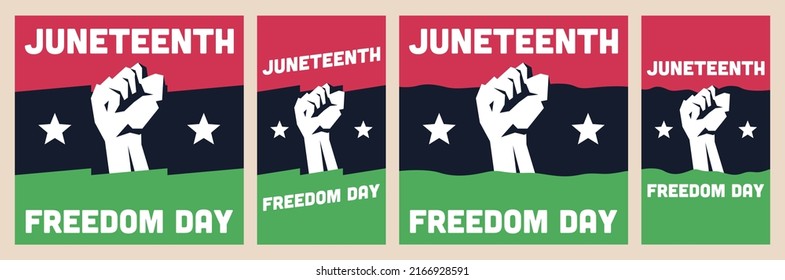 Juneteenth Holiday Posters Set with Copy Space for Text. Raised Fist Over Juneteenth Flag of Green, Black and Red Color. June 19th, Black History in US, Designs for Social Media Collection.