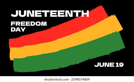 Juneteenth horizontal banner. Bold typography and African colors abstract flag. Vibrant vector celebrate Black Independence Day, unity and cultural heritage. Freedom, remembrance and patriotism flyer.