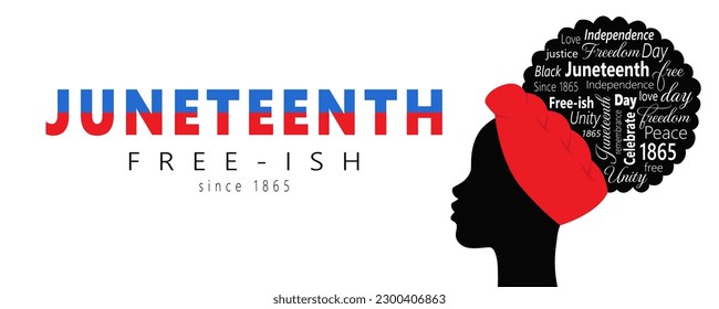 Juneteenth Horizontal Banner With Silhouette Of Woman And Words Symbolizing African American History And Heritage, National Independence Day. Free-ish since 1865. Vector illustration On A White