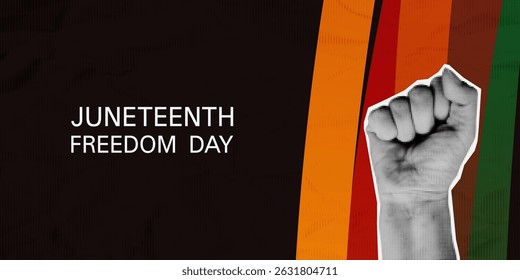 Juneteenth horizontal banner template with Pan-African flag colors and halftone collage raised fist, symbol of the end of slavery in the United States. Freedom day, June 19. Vector illustration 