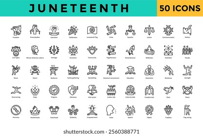 Juneteenth icon set with freedom, emancipation, liberation, celebration, juneteenth flag, unity, equality, justice, commemoration, history icon. Simple line vector 
