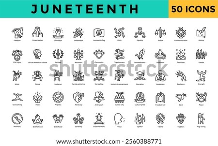 Juneteenth icon set with freedom, emancipation, liberation, celebration, juneteenth flag, unity, equality, justice, commemoration, history icon. Simple line vector 
