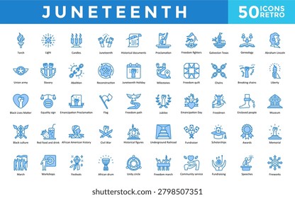 Juneteenth icon set with torch, light, candles, historical documents, proclamation, freedom fighters, galveston texas, genealogy icon. Simple retro vector 

