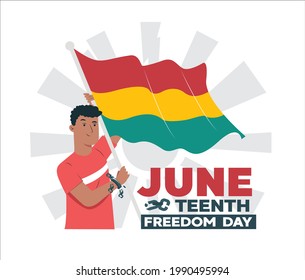 Juneteenth. illustration of a man bring flag and breaking a chain in her hand