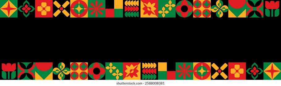 Juneteenth Independence Day background with copy space. Black History Month banner with border frame geometrical pattern in colors of African flag. Celebrate freedom

