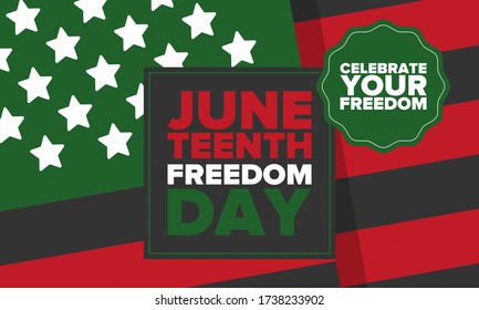 Juneteenth Independence Day. Freedom or Emancipation day. Annual american holiday, celebrated in June 19. African-American history and heritage. Poster, greeting card, banner and background. Vector