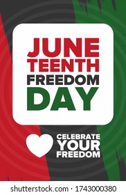 Juneteenth Independence Day. Freedom or Emancipation day. Annual american holiday, celebrated in June 19. African-American history and heritage. Poster, greeting card, banner and background. Vector