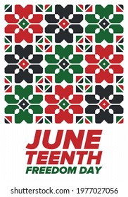 Juneteenth Independence Day. Freedom or Emancipation day. Annual american holiday, celebrated in June 19. African-American history and heritage. Poster, greeting card, banner and background. Vector
