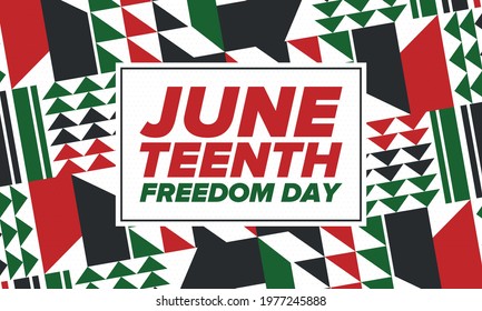 Juneteenth Independence Day. Freedom or Emancipation day. Annual american holiday, celebrated in June 19. African-American history and heritage. Poster, greeting card, banner and background. Vector