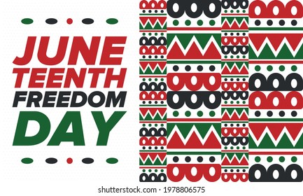 Juneteenth Independence Day. Freedom or Emancipation day. Annual american holiday, celebrated in June 19. African-American history and heritage. Poster, greeting card, banner and background. Vector