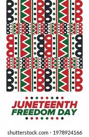 Juneteenth Independence Day. Freedom or Emancipation day. Annual american holiday, celebrated in June 19. African-American history and heritage. Poster, greeting card, banner and background. Vector