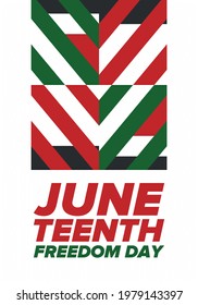 Juneteenth Independence Day. Freedom or Emancipation day. Annual american holiday, celebrated in June 19. African-American history and heritage. Poster, greeting card, banner and background. Vector