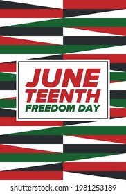Juneteenth Independence Day. Freedom or Emancipation day. Annual american holiday, celebrated in June 19. African-American history and heritage. Poster, greeting card, banner and background. Vector