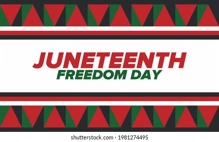 Juneteenth Independence Day. Freedom or Emancipation day. Annual american holiday, celebrated in June 19. African-American history and heritage. Poster, greeting card, banner and background. Vector