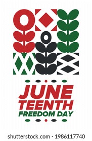 Juneteenth Independence Day. Freedom or Emancipation day. Annual american holiday, celebrated in June 19. African-American history and heritage. Poster, greeting card, banner and background. Vector