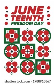 Juneteenth Independence Day. Freedom or Emancipation day. Annual american holiday, celebrated in June 19. African-American history and heritage. Poster, greeting card, banner and background. Vector