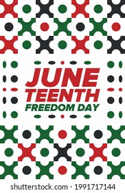 Juneteenth Independence Day. Freedom or Emancipation day. Annual american holiday, celebrated in June 19. African-American history and heritage. Poster, greeting card, banner and background. Vector
