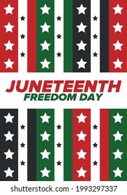 Juneteenth Independence Day. Freedom or Emancipation day. Annual american holiday, celebrated in June 19. African-American history and heritage. Poster, greeting card, banner and background. Vector