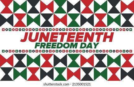 Juneteenth Independence Day. Freedom or Emancipation day. Annual american holiday, celebrated in June 19. African-American history and heritage. Poster, greeting card, banner and background. Vector
