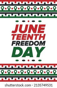 Juneteenth Independence Day. Freedom or Emancipation day. Annual american holiday, celebrated in June 19. African-American history and heritage. Poster, greeting card, banner and background. Vector