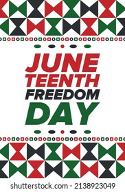 Decimoctavo Día de la Independencia de junio. Día de la Libertad o la Emancipación. Fiesta anual estadounidense, celebrada el 19 de junio. Historia y patrimonio afroamericano. Cartel, tarjeta de saludo, cartel y fondo. Vector