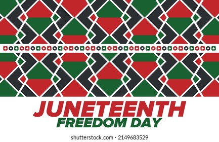 Juneteenth Independence Day. Freedom or Emancipation day. Annual american holiday, celebrated in June 19. African-American history and heritage. Poster, greeting card, banner and background. Vector