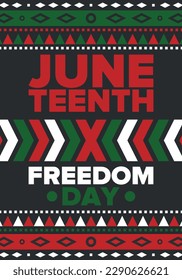 Juneteenth Independence Day. Freedom or Emancipation day. Annual american holiday, celebrated in June 19. African-American history and heritage. Poster, greeting card, banner and background. Vector