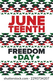 Juneteenth Independence Day. Freedom or Emancipation day. Annual american holiday, celebrated in June 19. African-American history and heritage. Poster, greeting card, banner and background. Vector